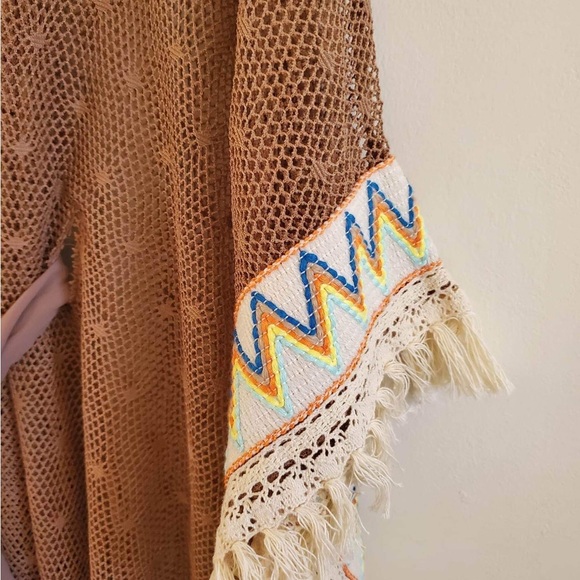 RYU Brown Embroidered Fringe Accent Bohemian Kimono Cardigan M/L - Picture 3 of 6